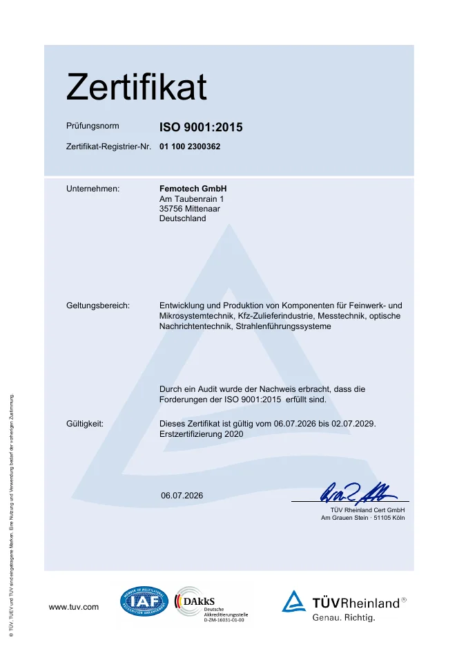 ISO-9001-Zertifikat der FEMOtech GmbH, ausgestellt von TÜV Rheinland